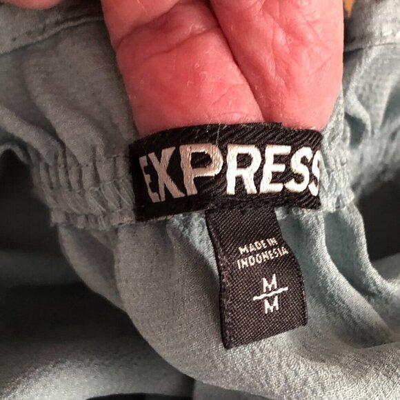 Express Satin Blouson Blouse size M Light Blue Off the Shoulder Ruffled Sleeve - Picture 3 of 9